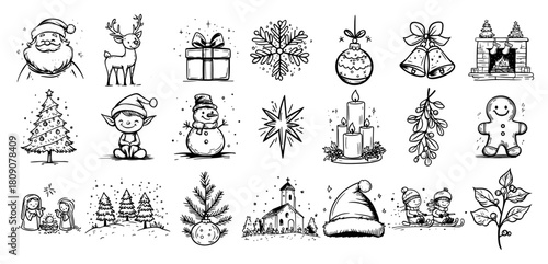 Big Set of Hand Drawn Christmas Icons and Holiday Doodle Elements