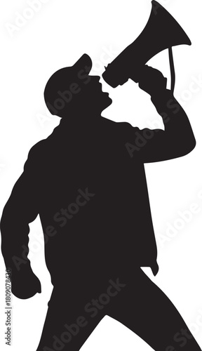 Silhouette of a man in a cap shouting into a megaphone