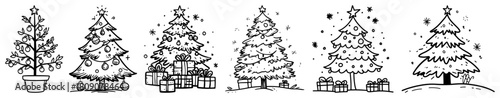 Hand Drawn Christmas Trees with Gifts and Snowflakes Festive Holiday Line Art Vector Set