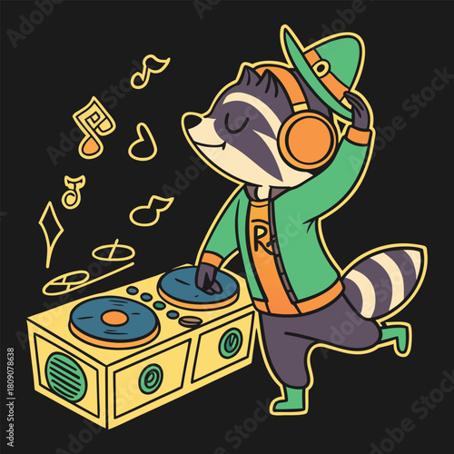 Raccoon DJ wearing headphones and hat playing records on black background animal music