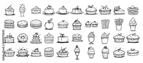 Hand Drawn Dessert Icons Cakes Cupcakes Pastries and Sweets Line Art Vector Collection