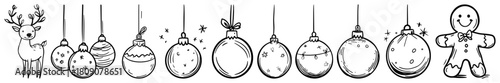 Hand Drawn Hanging Christmas Ornament Border With Reindeer And Gingerbread Man Vector Illustration