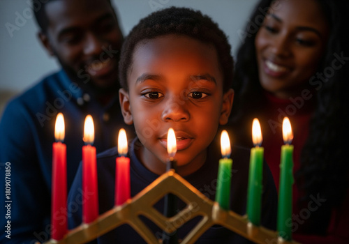 Wallpaper Mural Happy African American Boy Looking at Burning Kwanzaa Candles on Kinara with Parents in Background. Torontodigital.ca