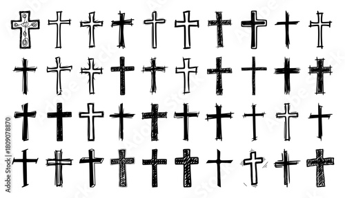 Set Of Hand Drawn Christian Cross Sketches In Grunge Style Vector Illustration