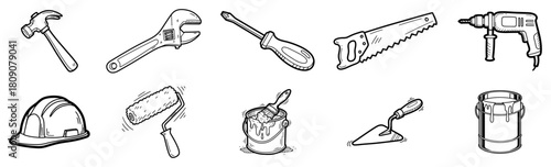 Construction Tools and Repair Equipment Hand Drawn Icon Set