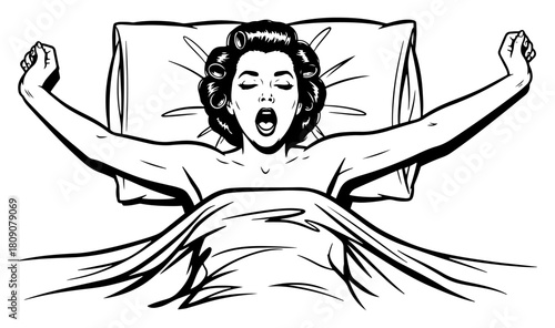 Tired Woman Yawning and Stretching in Bed Vintage Illustration