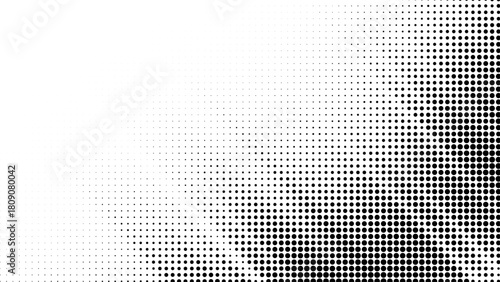 Abstract halftone pattern background with gradient dot density from white to solid black corner, perfect for graphic design vector
