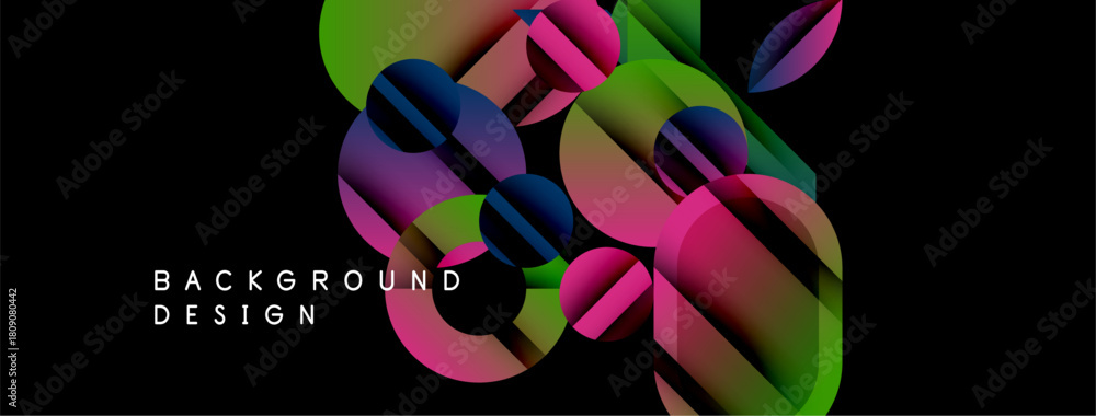 Fototapeta premium Abstract colorful shapes overlap, creating dynamic composition. Gradient hues blend, forming modern background design. Black space emphasizes vibrant elements.