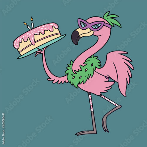 Pink Flamingo Wearing Party Mask Holds Birthday Cake With Candles illustration