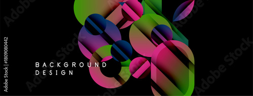 Abstract colorful shapes overlap, creating dynamic composition. Gradient hues blend, forming modern background design. Black space emphasizes vibrant elements.