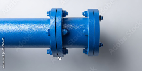 A blue pipe with a valve and bolts on it, sitting against a white background