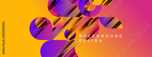 Abstract vibrant design features overlapping colorful shapes. Gradient transitions create dynamic visual effect. Modern background perfect for presentations.