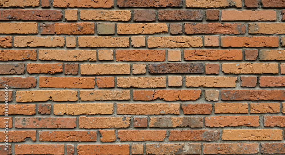 Fototapeta premium Full frame view of a textured brick wall featuring reddish-brown and orange bricks. Ideal for background, pattern, and architectural design concept.