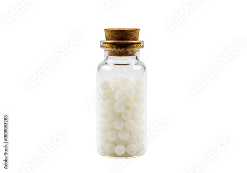 Canvastavla Isolated glass bottle with cork stopper filled with white homeopathic globules o
