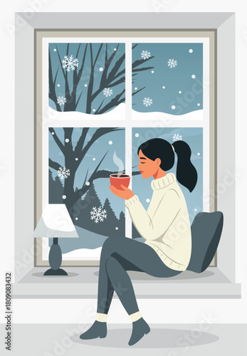 Hello, winter! Vector illustration of a woman sitting on a windowsill with a hot drink, tea, cocoa. A snowy view from the window, snowflakes, trees. For cozy content, winter designs, social media post