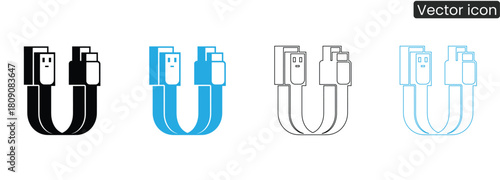 Essential USB cable set in sleek black, vibrant blue, and clean outline styles, ensuring reliable data transfer and device connectivity for all your tech needs.