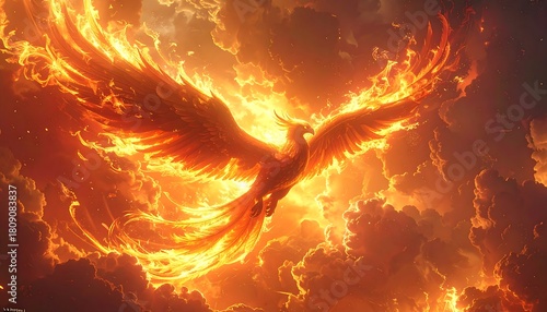 Fiery phoenix soaring amidst swirling clouds of smoke and ash, emitting intense heat and light