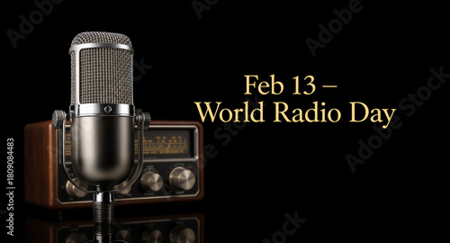 Celebrate World Radio Day on Feb 13 with a vintage microphone and classic radio, perfect for podcasts, broadcasting, and audio production projects, inspiring creativity