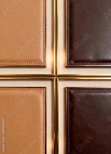 A close up of a brown leather panel with stainless made  for wall panelling decorate