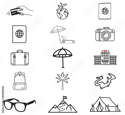Line art illustration of travel icons isolated on transparent background, including passport, camera, luggage, and other symbols representing vacation and tourism