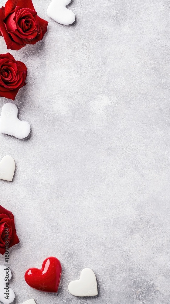 Naklejka premium A white cupid angel with a red heart and rose sits happily with hands to their chest. Red roses and white hearts adorn the ground while soft snow falls, creating a romantic ambiance