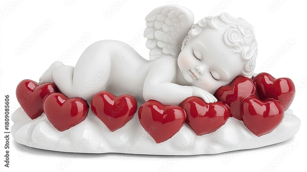 Naklejka premium A white marble cupid angel lies peacefully on its side surrounded by vibrant red hearts. This setting radiates feelings of love, romance, and joy, perfect for celebrations