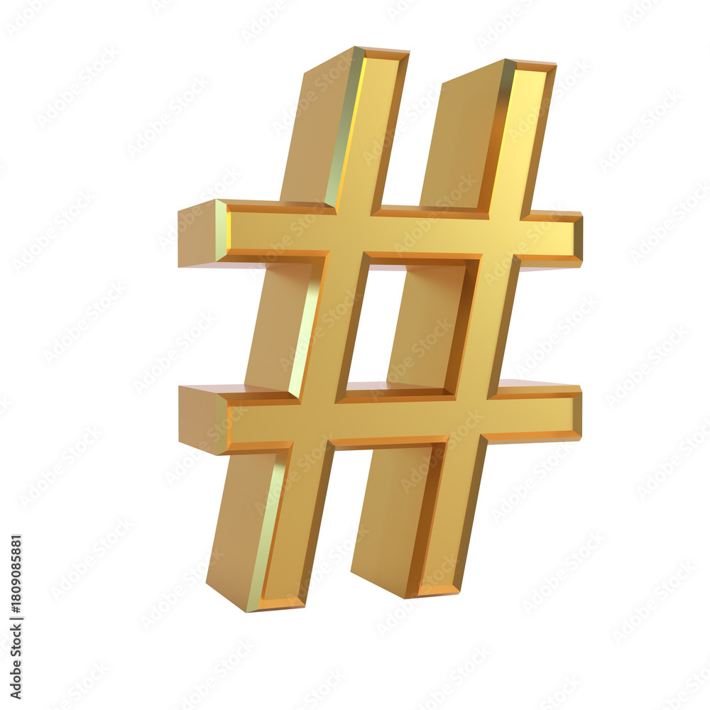 Fototapeta premium Golden 3d hashtag symbol isolated on white background illustration design