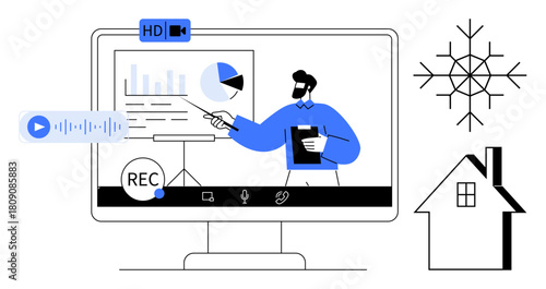 Professional presenting data on charts in video call, recording indicator, home icon, snowflake. Ideal for e-learning, online meetings, webinars, remote work, virtual training teamwork digital