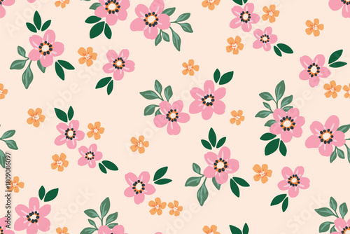 Seamless floral pattern, liberty ditsy print of simple plants in a cute baby motif. Pretty botanical design of small pink daisy flowers, tiny leaves, simple mini spring bouquets. Vector illustration.