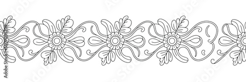 Black and white floral ornamental border with repeating flower and leaf design floral border decorative