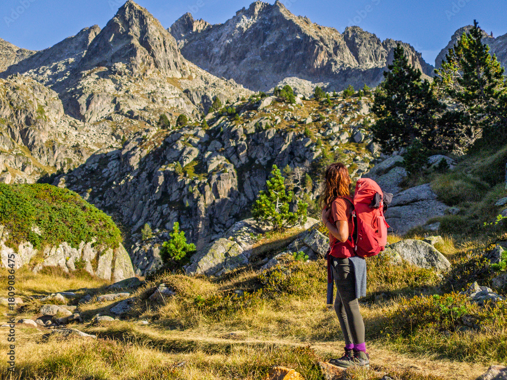 Naklejka premium Hiker observing the Saboredo cirque, Rue Valley, Aigüestortes National Park, Alto Arán, Lleida, Catalonia, Spain
