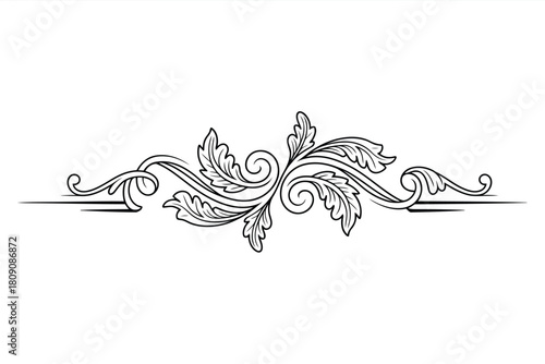 Black and white ornate floral scrollwork divider design with swirling leaves and tendrils flourish