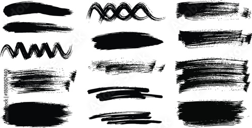Collection of Black Brush Stroke Textures and Lines on a White Background illustration