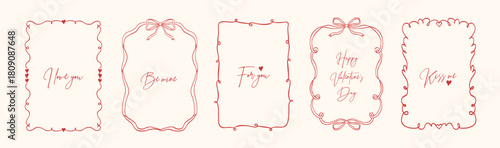 Set of vintage hand drawn Valentine's day frames with whimsical lines, bows, hearts, ribbons. Vector elegant coquette line art backgrounds. Holiday borders for poster, card, wedding invitation.