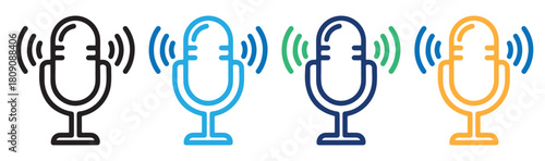 Line art illustration of a microphone with sound waves, representing audio recording, podcasting, voice communication, and broadcasting isolated on transparent background