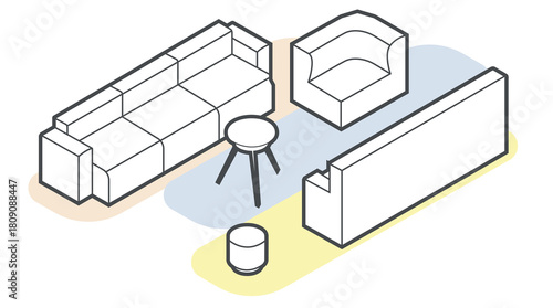A versatile vector set showcasing modern furniture silhouettes in an isometric perspective. The collection includes sofas, a armchair, a table, and an floor lamp, all crisply isolated on a background