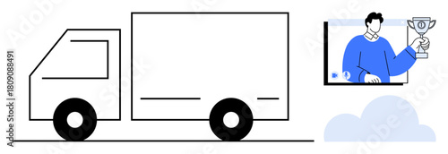 Delivery truck illustration and man holding a trophy on digital screen representing logistics and achievement. Ideal for e-commerce, transportation, success, digital growth concepts, event awards