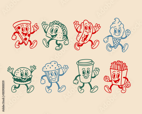 Fast food characters. Vintage mascot. Pizza, funny burger and hot dog. Taco Mexican, sweet muffin and ice cream. French fries snack. Line elements. Vector cartoon flat style isolated illustration set