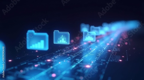 Carpetas luminosas flotantes que se desplazan a lo largo de una ruta digital resplandeciente