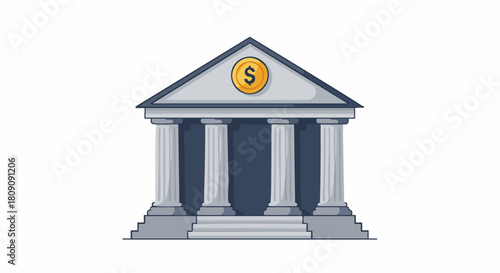 Vector Bank Building Illustration with Columns and Money Symbol – Financial Institution Architecture