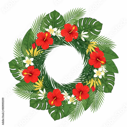Vector illustration of a lush tropical wreath featuring red hibiscus, white plumeria, and green palm leaves