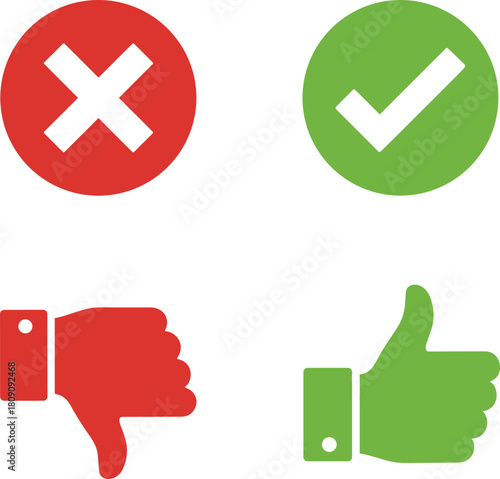 Positive and Negative Feedback Icons Set: Thumbs Up, Thumbs Down, Green Check Mark, and Red X Symbol for Voting and Status Indicators.