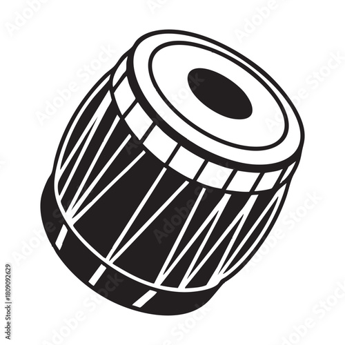 Abstract black and red coffee cup object with brown plastic drum sticks on white isolated paper