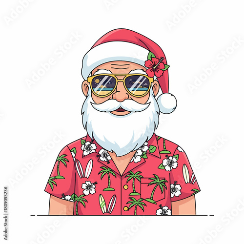 Cartoon illustration of Santa Claus enjoying a summer holiday, wearing an aloha shirt and sunglasses reflecting a sunny beach scene
