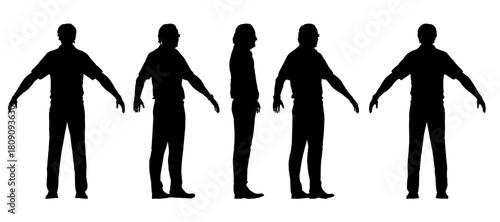 The image shows a group of silhouettes of people standing in a line with their arms outstretched against a white background. The silhouettes are black in color, giving the image a stark contrast.