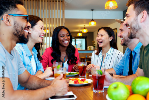 Group of multiethnic young adults sitting at table laughing and talking while enjoying drinks and food in restaurant, diverse friends socializing and smiling together