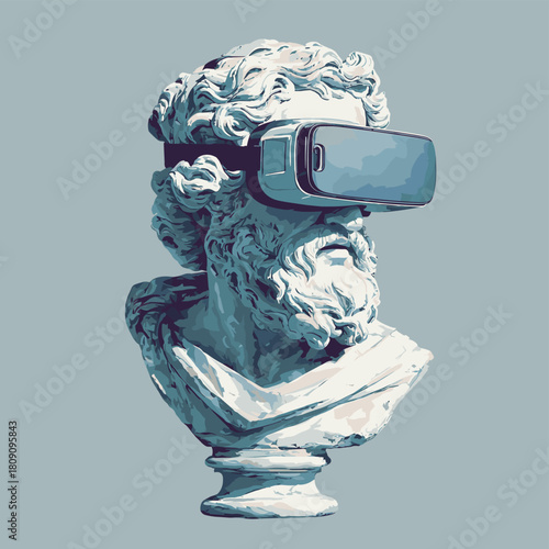 Vector illustration of a marble bust wearing a vr headset