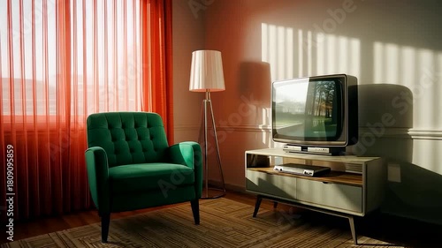 Wallpaper Mural Cozy retro living room interior with vintage television, green armchair, warm sunlight, and soft shadows creating a nostalgic atmosphere Torontodigital.ca
