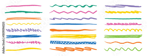 Colored arrows crayon doodle chalk icons set. A pattern colorful handdrawn crayon lines with varying shapes including straight wavy and zigzag. Grunge scribble chalk marker drawing