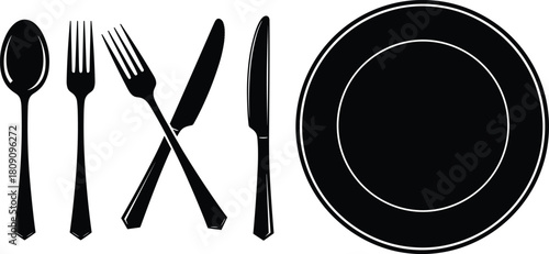 Cutlery, Plate, Fork, Knife, Spoon, Dining, Restaurant, Food, Menu, Service, Kitchen, Tableware, Utensil, Black, Vector